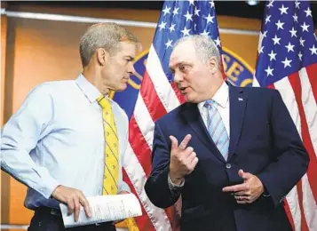  ?? J. SCOTT APPLEWHITE AP FILE ?? Rep. Jim Jordan, R-Ohio, (left) and Rep. Steve Scalise, R-La., are the only two lawmakers who have formally announced their intention to run for House speaker to replace Kevin McCarthy, who was ousted this week.