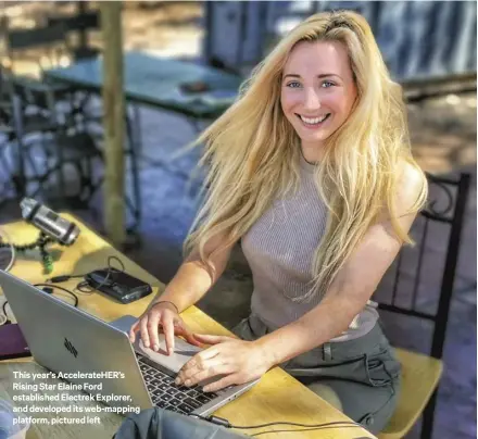  ??  ?? This year’s Accelerate­her’s Rising Star Elaine Ford establishe­d Electrek Explorer, and developed its web-mapping platform, pictured left