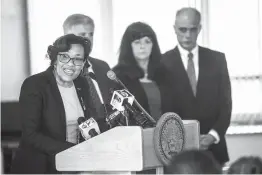  ?? The Flint Journal-MLive.com via AP ?? Flint Mayor Karen Weaver speaks Tuesday during a press conference at City Hall in Flint, Mich., where Weaver officially recommende­d that the city remain a long-term customer of what was the Detroit water system and abandon an effort to treat its own...