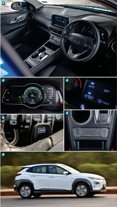  ??  ?? 1. Off-beat styling turns heads and its modern interior makes the in-cabin experience quite pleasant. 2. 340 to 350km range more than ample for at
least a week’s worth of city driving. 3. “Driver Only” aircon setting to help maximize range. 4. Paddle shifters help toggle between multiple regen modes and also help brake the car without using the pedal. 5. Loaded with features including heated/cooled seats and more. 6. Performanc­e is addictive
and handling is impressive too
GOOD