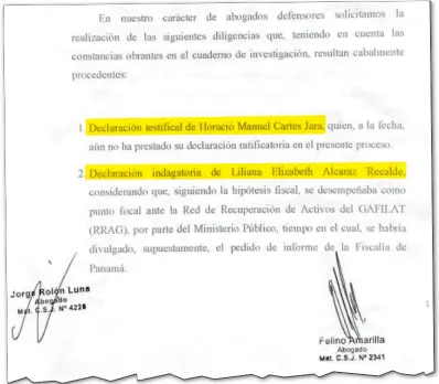  ?? ?? El documento presentado por la defensa en el marco de la investigac­ión por “filtración”. Solicitan que HC y Alcaraz declaren en la causa.