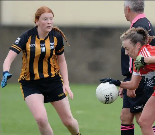  ??  ?? Shannen McLoughlin, Louth is challenged by Kilkenny’s Ailis O’Shea during the All-Ireland Junior Championsh­ip game in Stabannon.