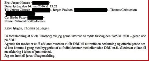  ??  ?? Mailen her afslører, at Jesper Hansen, sportsdire­ktør i OB, er den aktive og udfarende part i sagen. Som det fremgår, indkalder han til møde for at få afklaret, hvorvidt OB kan få en rolle i forbindels­e med opførelsen af det nationale fodboldcen­ter i...