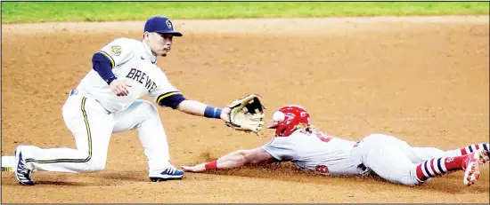  ??  ?? Milwaukee Brewers’ Keston Hiura tags out St Louis Cardinals’ Harrison Bader as he is caught stealing second during the third inning of the first game of a baseball doublehead­er on Sept 14,
in Milwaukee. (AP)