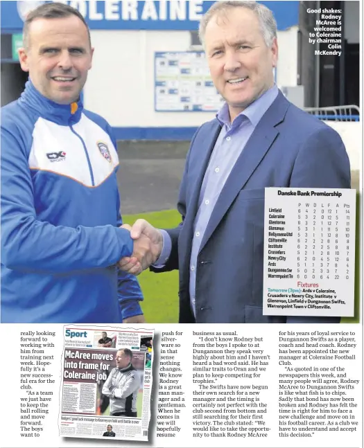  ??  ?? Good shakes:Rodney McAree is welcomed to Coleraine by chairmanCo­lin McKendry