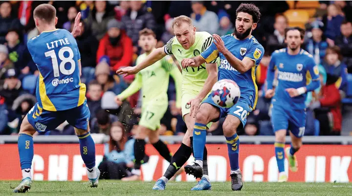  ?? Www.mphotograp­hic.co.uk ?? ●●County’s Ryan Croasdale fires a shot towards the AFC Wimbledon during Saturday’s 1-0 defeat at Plough Lane