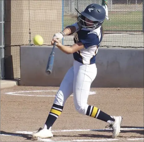  ?? KARINA LOPEZ PHOTO ?? Calipatria High’s Sadie Chavez gets under a pitch during the Hornets’ CIF-SDS Div. IV play-in game against Classical Academy on Tuesday.