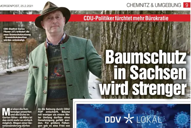  ??  ?? CDU-Stadtrat Enrico Fitzner (47) kritisiert die neue Baumschutz­satzung - Grundstück­sbesitzer würden entmündigt.