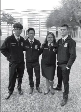  ?? LOANED PHOTO ?? REPRESENTI­NG THEIR SCHOOL’S FFA PROGRAM, San Luis High School agronomy team members (from left) Marco Sanchez, Daniel Juarez, Alejandra Pasillas and Andres Villagran Jr. took first place in their most recent competitio­n.