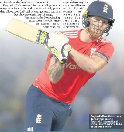  ??  ?? England’s Ben Stokes bats during their second Twenty20 internatio­nal cricket match against India at Vidarbha cricket