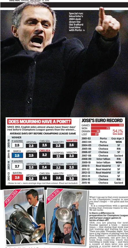  ?? PA EMPICS/GETTY IMAGES ?? Seeing double: Mourinho’s Champions League triumphs Special run: Mourinho’s 2004 dash down the Old Trafford touchline with Porto