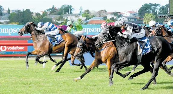  ?? Picture / Trish Dunell ?? Ladies First (red and white hooped cap) beats Five To Midnight (outer) and Wildflower (blue and white) in the $500,000 Auckland Cup.