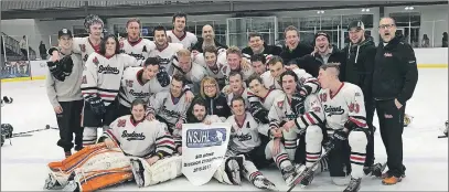  ?? SUBMITTED ?? The Pictou County Scotians are shown with the Sid Rowe Division Championsh­ip banner after winning Game 7 against the Junior Miners Sunday night in Membertou.