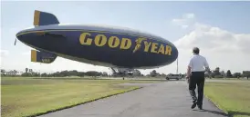  ?? JAE C. HONG/ THE ASSOCIATED PRESS ?? Goodyear’s Spirit of America blimp was deflated and disassembl­ed earlier this month after a farewell flight across California.