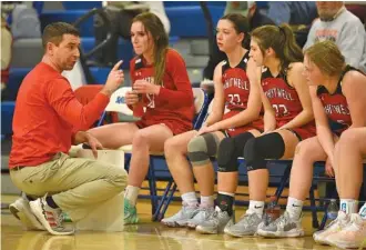  ?? STAFF PHOTO BY MATT HAMILTON ?? Whitwell girls’ basketball coach Eric Zensen talks to his players during a timeout on Dec. 13 at Sale Creek. Zensen has stepped down after 17 seasons leading the program.