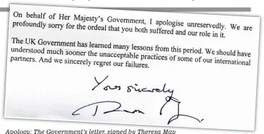  ??  ?? Apology: The Government’s letter, signed by Theresa May