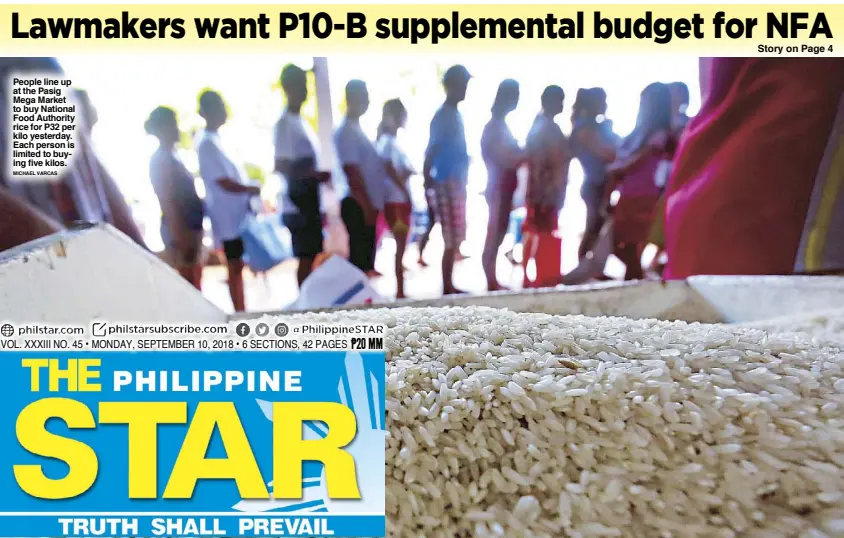  ?? MICHAEL VARCAS ?? People line up at the Pasig Mega Market to buy National Food Authority rice for P32 per kilo yesterday. Each person is limited to buying five kilos.