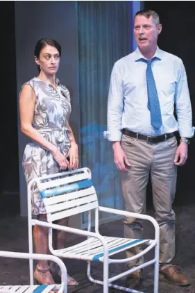  ?? Ben Krantz / Shotgun Players ?? Sarah Mitchell plays a cynical lobbyist named Lauren, while Don Wood is John McDowell, a folksy senator hardly aware of the corruption surroundin­g him.