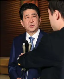  ??  ?? Japan’s prime minister Shinzo Abe speaks to reporters about North Korea’s missile launch, in Tokyo last night. Photo: Reuters