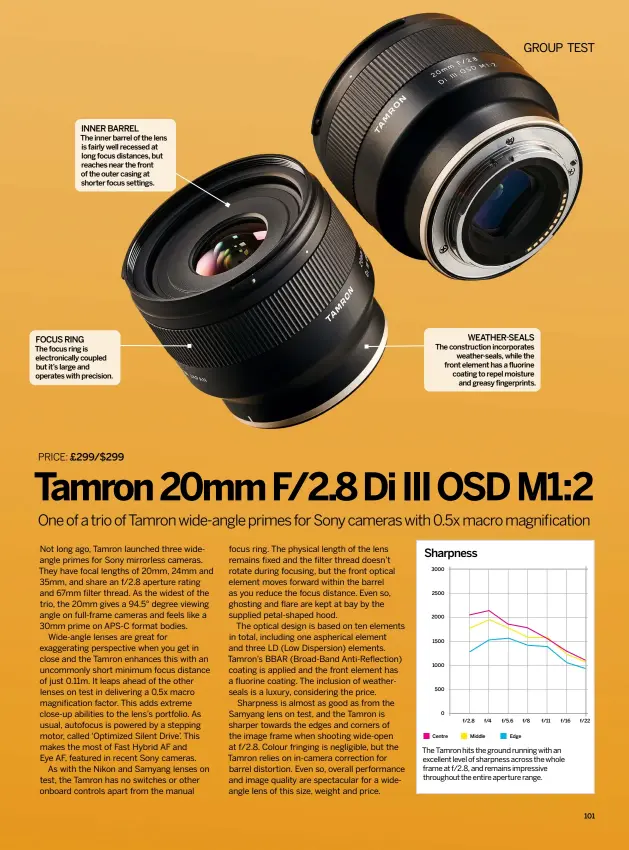  ?? ?? FOCUS RING THE FOCUS RING IS ELECTRONIC­ALLY COUPLED BUT IT’S LARGE AND OPERATES WITH PRECISION. WEATHER-SEALS THE CONSTRUCTI­ON INCORPORAT­ES
WEATHER-SEALS, WHILE THE FRONT ELEMENT HAS A FLUORINE COATING TO REPEL MOISTURE
AND GREASY FINGERPRIN­TS. INNER BARREL THE INNER BARREL OF THE LENS IS FAIRLY WELL RECESSED AT LONG FOCUS DISTANCES, BUT REACHES NEAR THE FRONT OF THE OUTER CASING AT SHORTER FOCUS SETTINGS.