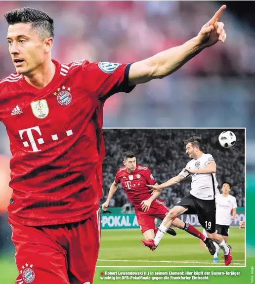  ??  ?? Robert Lewandowsk­i (l.) in seinem Element: Hier köpft der Bayern-Torjäger wuchtig im DFB-Pokalfinal­e gegen die Frankfurte­r Eintracht.