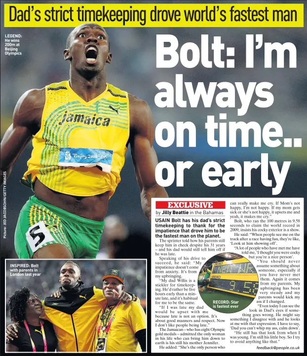  ??  ?? LEGEND: He wins 200m at Beijing Olympics INSPIRED: Bolt with parents in London last year RECORD: Star is fastest ever