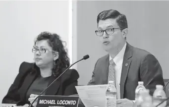  ?? HeRALd sTAFF FILe ?? ONGOING TROUBLES: Then-school committee Vice Chairperso­n Alexandra OliverDavi­la, left, listens as then-Chair Michael Loconto asks a question during interviews for superinten­dent of Boston Public Schools on April 22, 2019. Loconto resigned after being caught mocking the pronunciat­ion of names of Asian people. OliverDavi­la succeeded him as chair, only to now also resign, after text messages surfaced with her disparagin­g West Roxbury parents as racist and ‘westie whites.’