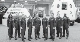  ?? NASA COURTESY ?? Astronauts in front of mockups of Boeing’s CST-100 Starliner and SpaceX’s Crew Dragon capsules.