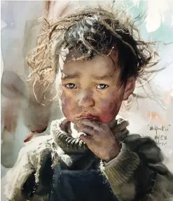  ??  ?? Child in the West I, watercolor on paper, 62 x 54 cm (24 x 21")The inspiratio­n of this work is derived from Yushu, Qinghai. The child’s unkempt hair and condensed eyes show dreams of the future. This is also a portrayal of my childhood. I used a grey tone to express his depressed mood.