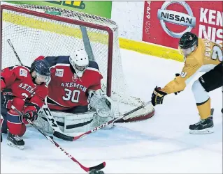  ??  ?? Acadia defeated Dalhousie 3-2 Oct. 14 to kick off action during Homecoming weekend. Here, goalie Devin Williams blocks a shot.