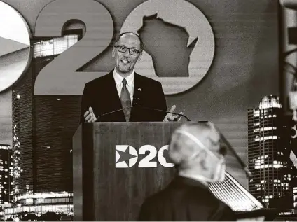  ?? Mark Hoffman / Associated Press ?? Tom Perez, chairman of the Democratic National Committee, speaks during the Democratic National Convention in Milwaukee. Throughout the convention, Democrats have summoned a collective urgency about the dangers of Donald Trump as president.