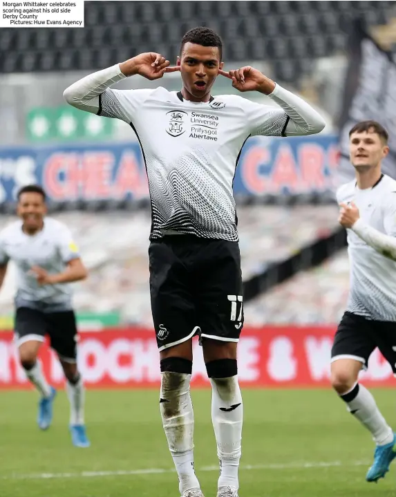  ??  ?? Morgan Whittaker celebrates scoring against his old side Derby County
Pictures: Huw Evans Agency