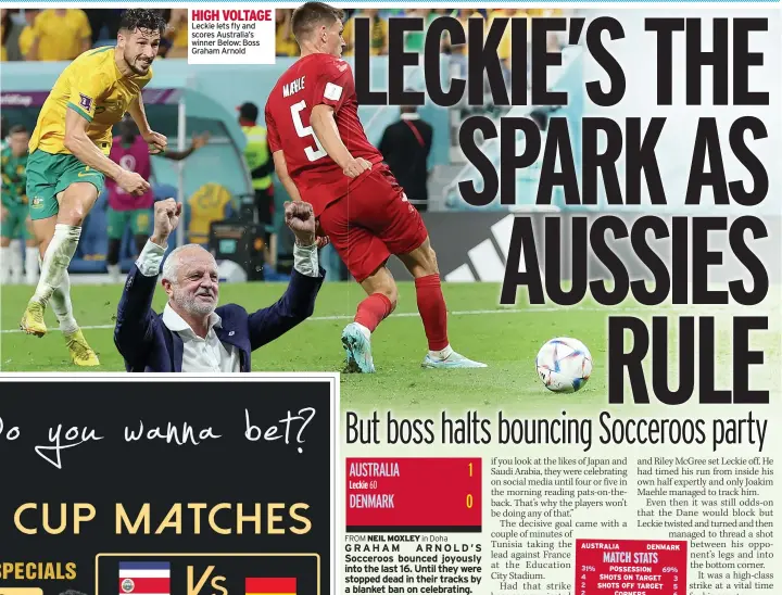  ?? ?? HIGH VOLTAGE Leckie lets fly and scores Australia’s winner Below: Boss Graham Arnold