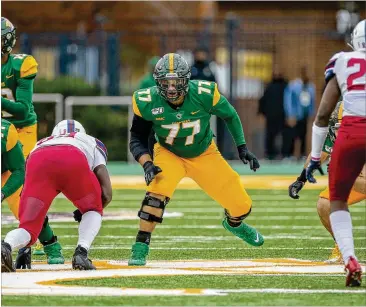  ?? NICK SUTTON/KINETIC STILLS ?? After making the ALL-MEAC team in his sophomore and junior years, Norfolk State OT Kenneth Kirby said he knew he would transfer in his final year of eligibilit­y so he could compete at a higher level.