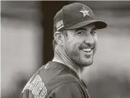  ?? Karen Warren / Staff photograph­er ?? Justin Verlander says “everything is moving in the right direction” in his rehab after surgery in mid-March.