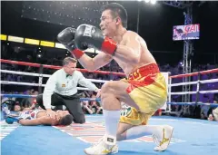  ?? AP ?? Srisaket Sor Rungvisai celebrates after knocking out Roman Gonzalez.