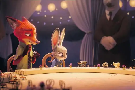  ??  ?? Nick Wilde (Jason Bateman), left, and Judy Hopps (Ginnifer Goodwin) are an unlikely match in the buddy-cop comedy that is Zootopia.