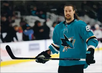  ?? ANDA CHU — BAY AREA NEWS GROUP ?? The San Jose Sharks’ Erik Karlsson (65) warms up before a game against the Colorado Avalanche at SAP Center in San Jose on April 6, 2019.