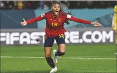  ?? ANDREW CORNAGA/AP ?? SPAIN’S SALMA PARALLUELO celebrates after scoring her team’s first goal during the Women’s World Cup semifinal soccer match between Sweden and Spain at Eden Park in Auckland, New Zealand, on Tuesday.