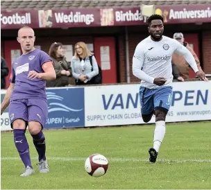  ?? Frank Crook ?? Ramsbottom’s new signing Godwin Abadaki, right, in action