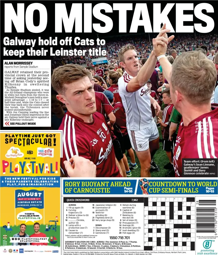  ?? INPHO ?? Caption pl plp p ll pll plp pl plp p ll pll plp plPI Team effort: (from left) Galway’s Sean Linnane, goalkeeper James Skehill and Davy Glennon celebrate