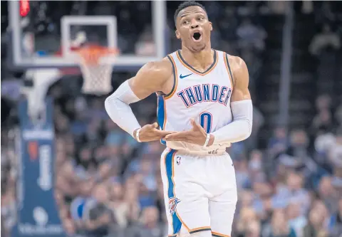  ?? USA TODAY SPORTS ?? Thunder guard Russell Westbrook reacts after scoring against the Cavaliers during the fourth quarter.