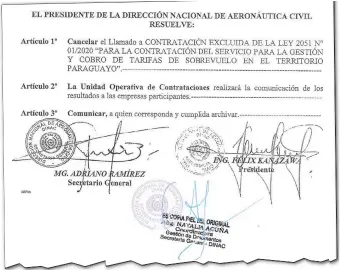  ??  ?? La anulación de la licitación se concretó a través de la Resolución Nº 45, que firmó el titular de la Dinac, Félix Kanazawa. Se lanzaría otro llamado, pero aún no informan de los detalles.