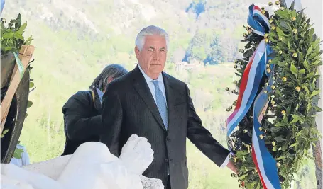  ?? Picture: AP. ?? US Secretary of State Rex Tillerson during a ceremony at the Sant’Anna di Stazzema memorial, dedicated to the victims of the massacre committed in the village by the Nazis in 1944.