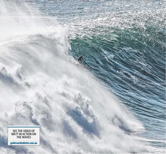  ?? Picture: ?? Matt Aldridge is dwarfed by the biggest swell of the year in Indonesia as he charges at Outside Corner at Uluwatu, Bali.