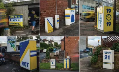  ?? Photos by Joshua Elliff ?? Andy McVeigh has been daubing dull electric boxes near Elland Road, replacing the lifeless green with vibrant Leeds United-themed murals.