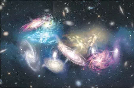  ?? NRAO, AUI, NSF — S. DAGNELLO VIA CP ?? An artist’s impression of the 14 young galaxies detected by the powerful ALMA telescope in Chile.