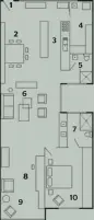  ??  ?? 1. Entry 2. Dining area 3. Kitchen 4. Laundry 5. Bathroom 6. Living area 7. Ensuite 8. Study nook 9. TV area 10. Master bedroom