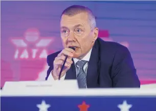  ?? REUTERS ?? Willie Walsh, director-general of the Internatio­nal Air Transport Associatio­n, speaks at the IATA’s Annual General Meeting in Boston, Massachuse­tts on Monday.