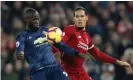  ??  ?? Romelu Lukaku, then at Manchester United, keeps the ball from Virgil van Dijk in a 2018 game at Anfield. Jürgen Klopp says: ‘He will show up around the other centrehalf as well.’ Photograph: Carl Recine/Action Images/Reuters